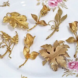 Lot of 7 Vintage Gold Tone Metal Brooches Rose Leaf Floral Spray